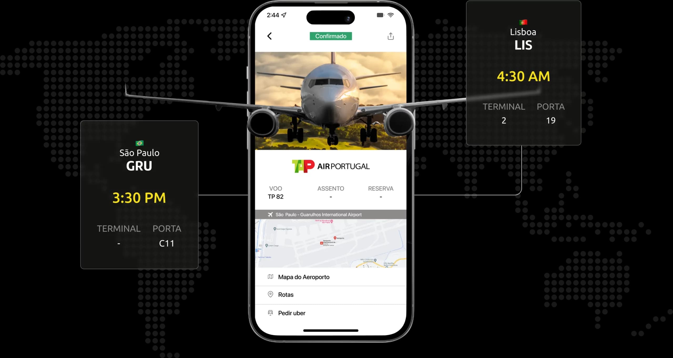 App OQMSV mostrando roteiro de viagem organizado com voo, reservas e mapa